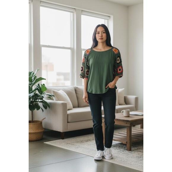 UMGEE Crocheted Green Lined Sleeves Linen Cotton Flutter Short Sleeves Top Sz S - Picture 1 of 11